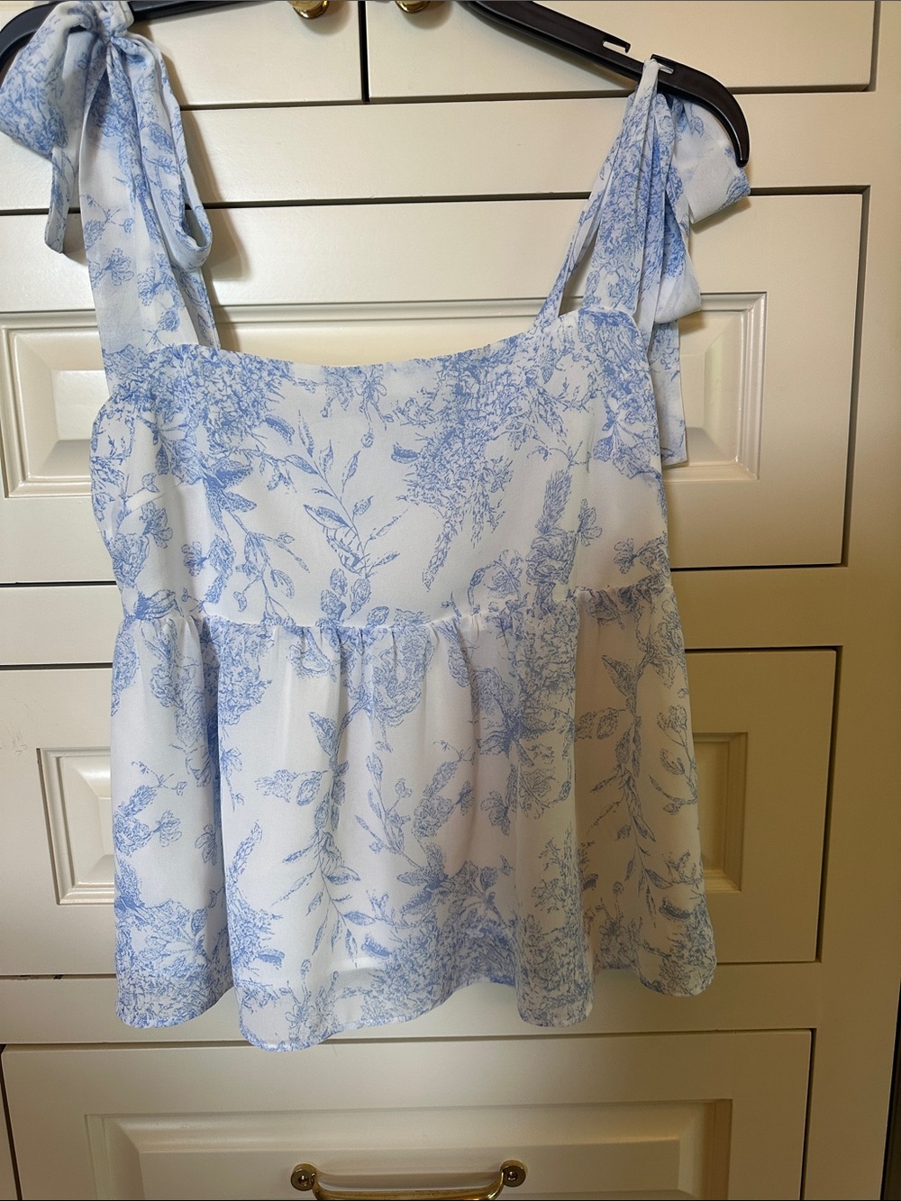 Lucy Paris White Tank Top with Light Blue Floral Print and Tie Straps